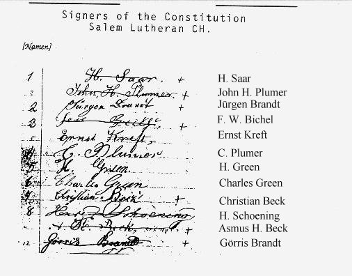 Original signers of Salem Lutheran Church Constitution